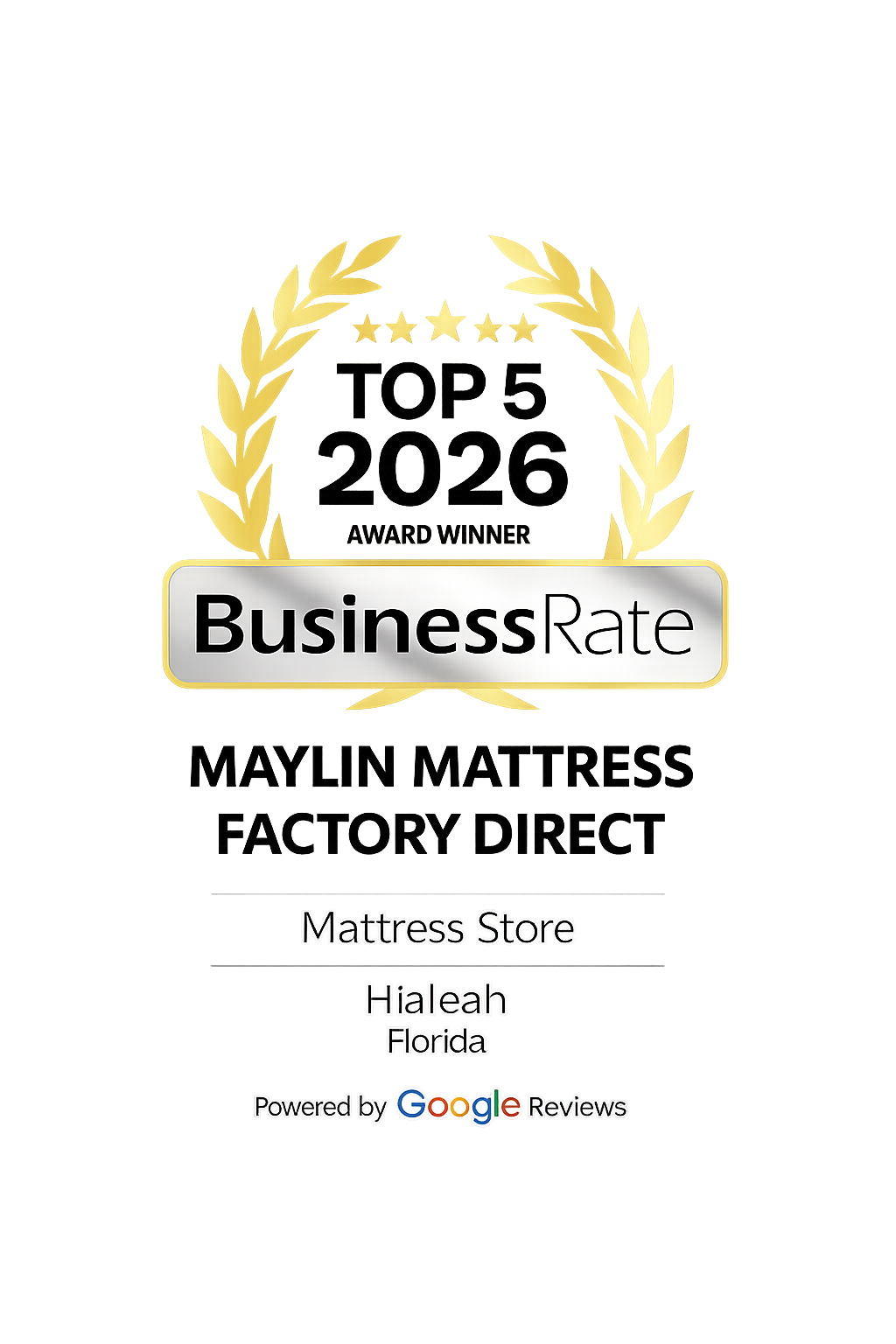 BusinessRate Top 5 2026 award for Maylin Mattress Factory Direct